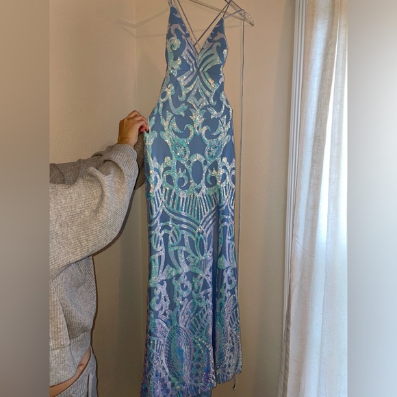 WORN ONCE Blue iridescent sequin open back dress. - Picture 3 of 7